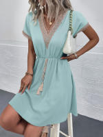 DamasVVestido de manga larga con cuello de linternas, vestido de camisa de longitud media con borla, cinturón, Vestido de playa - details 9