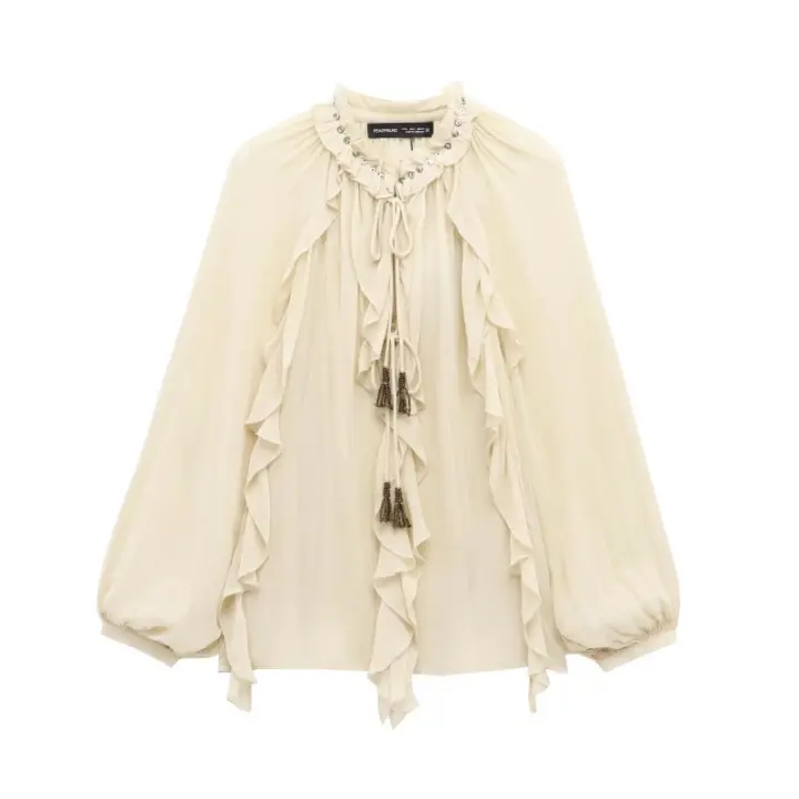 UrbanUrbanity Shouxing Camisa De Manga Larga Casual De Estilo Romántico Decorativo Laminado Para Mujer - 1