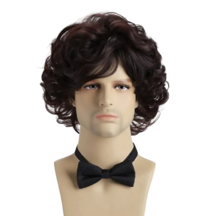 Peluca corta natural marrón de 10 pulgadas, fibra resistente al calor, cosplay retro, peluca sintética ondulada y rizada, cabello esponjoso y atractivo para hombres jóvenes - 1