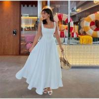 Vestido largo elegante liso con cuello cuadrado, vestidos de cintura alta con dobladillo A-e y espalda descubierta a la moda, novedad de primavera 2025, batas informales para vacaciones - details 2