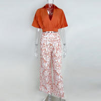 Conjunto casual de 2 piezas para mujeres, elegante, con cuello en V, blusas de manga corta y pantalones anchos estampados - details 7