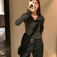 Jerseys de punto de manga larga para mujer, suéteres con botones de calle alta Y2K, Tops de fondo acanalados grises Vintage, Otoño e Invierno - details 7