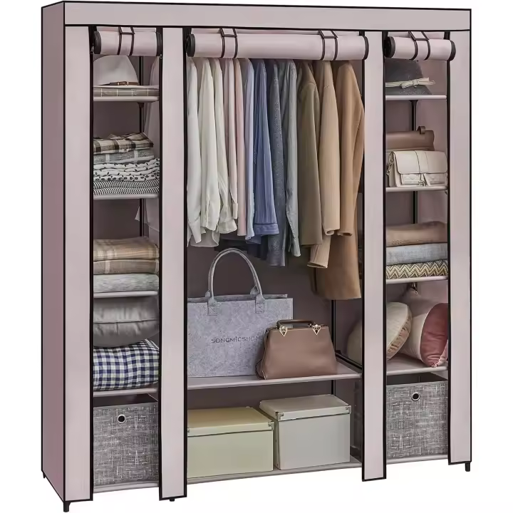 Armario de Tela 12 con Barra y estantes, Armario Estable para Dormitorio, vestidor, 150 x 45 x 175 cm, Gris LSF03G - 1