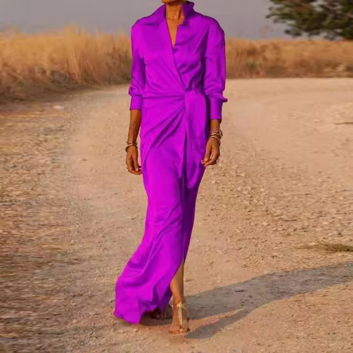 Casual Oficina solapa cuello en V Maxi primavera mujeres manga camisas sólidas vestido elegante señora encaje hasta Split vestidos largos delgados - 1