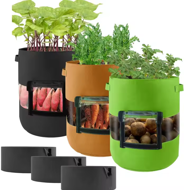 360 °   Bolsas de cultivo visibles para patatas, 3 piezas de contenedores de cultivo de patatas de fieltro, macetas de tela no tejida negra, bolsa de plantación de jardín con asa, ventana de cosecha, 3 piezas de tela de sombra para verduras de tomate - 1
