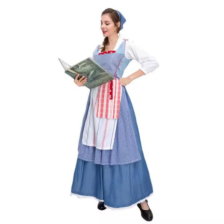 Nuevo Conjunto de traje étnico de cerveza Pastoral de chica de granja a cuadros azules de estilo francés - 1