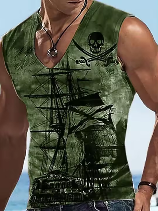 Camiseta sin mangas con cuello en V para hombre, estilo callejero, informal, para exteriores, chaleco cómodo para correr, estampado de Barco Pirata - 1
