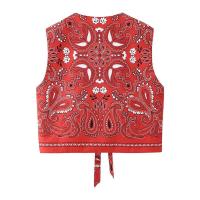 BUNO-2025 mujeres estilo nacional anacardos estampado arco atado chaleco corto chaqueta señoras Retro Casual Cardigan chaleco Top - details 2