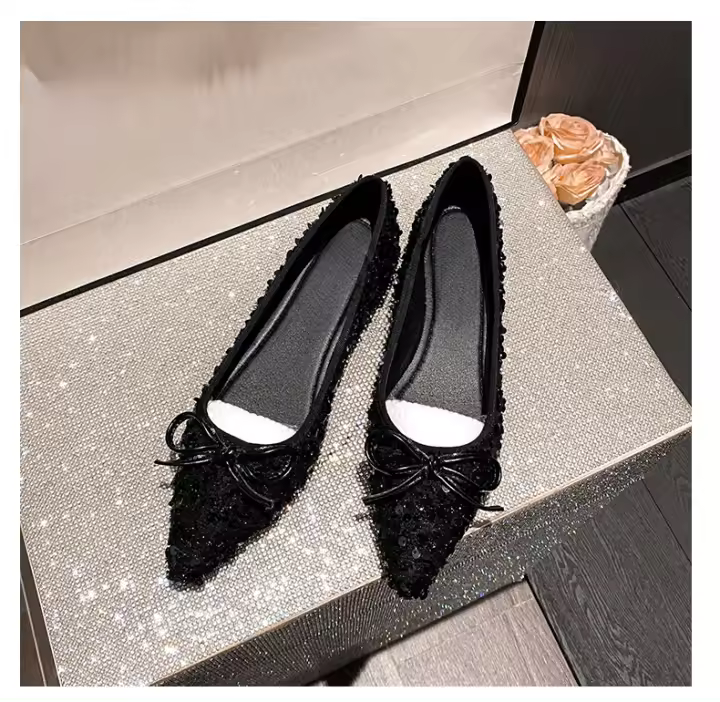 Zapatos de arco con lentejuelas, punta fina, boca pequeña poco profunda y suela suave para citas. - 1