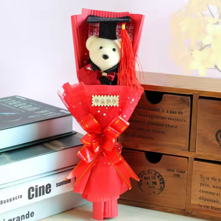 Precioso ramo de oso para graduación, impresionante oso con lazo, regalo de graduación, dibujos animados, decoración de fiesta de boda, Año Nuevo - 1