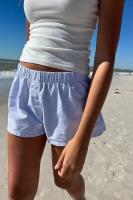 Pantalones cortos básicos cómodos e informales sueltos con botones de cintura elástica tejidos a rayas de verano para mujer - details 8