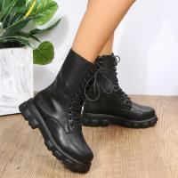 Botas de cuero de imitación de fondo grueso para mujer, Zapatos de tacón grueso Blanco, Otoño e invierno - details 9