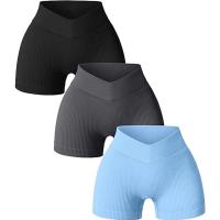Pantalones cortos de yoga para mujer, pantalones cortos de fitness, pantalones cortos elásticos acanalados con cintura en forma de V de color sólido sin costuras, pantalones cortos con cuerda para saltar - details 2