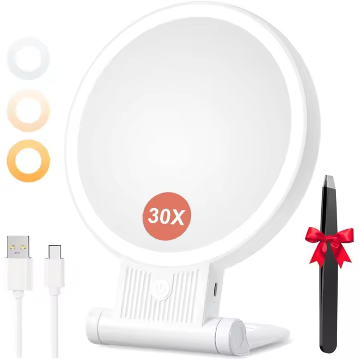 Auxmir Luz para espejo de maquillaje, espejo de doble cara con aumento de 30X/1X, 72 LED, 3 colores de luz, 2000 mAh con clip USB, para colgar - 1