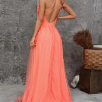 Vestido De Noche Sexy Sin Espalda Con Tirantes Finos Y Escote En V Profundo Y Abertura Alta Naranja - details 4