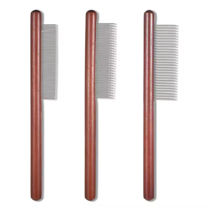 3 peines para perros, peines metálicos para gatos con dientes redondeados de acero inoxidable, peine para mascotas de madera maciza, peines para pulgas con mango de madera para perros pequeños y gatos, elimina enredos, desenreda y desenreda el pelo - 1