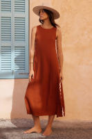 2025 Primavera/Novedad de verano moda Casual sin mangas cuello redondo Color sólido empalme encaje Split vestido de longitud media para mujeres - details 0