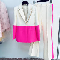 Conjunto de pantalón de oficina de dos piezas de talla grande con parches de color, blazer de un solo botón y pantalón acampanad - details 1