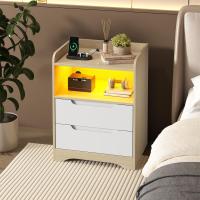 Mesitas de Noche con luces LED y Estación de Carga (2 Tomas AC, 2 Puertos USB) Mesita de Noche Blanca Mesas Auxiliares con 1 compartimento abierto y 2 cajones para Dormitorio Salón - details 44