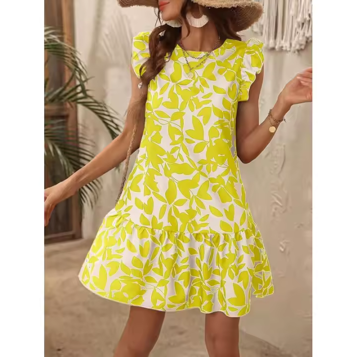 Vestido de verano para mujer con cuello redondo, manga con volantes y estampado de volantes - 1