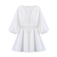 Vestido Mini de Bordado Hueco de Primavera 2025 Manga Abullonada Vestido Blanco de Verano A-line de Cintura Delgada - details 0