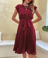 Vestido plisado elegante para mujer, manga corta con cinturilla, verde negruzco S, Verano - details 19