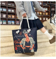 Nueva bolsa de mano bolsa de playa Bart pintado pintura bolsa de dibujos animados lino bolsa de lona de gran capacidad negro hermosa mujer - details 16