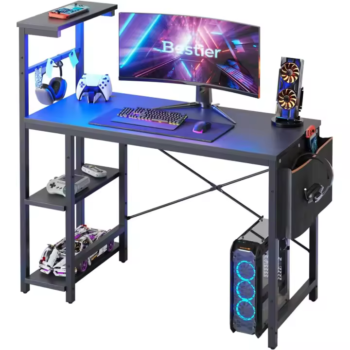 estanterías, pequeño Escritorio esquinero con iluminación LED y enchufes, 113 cm - 1