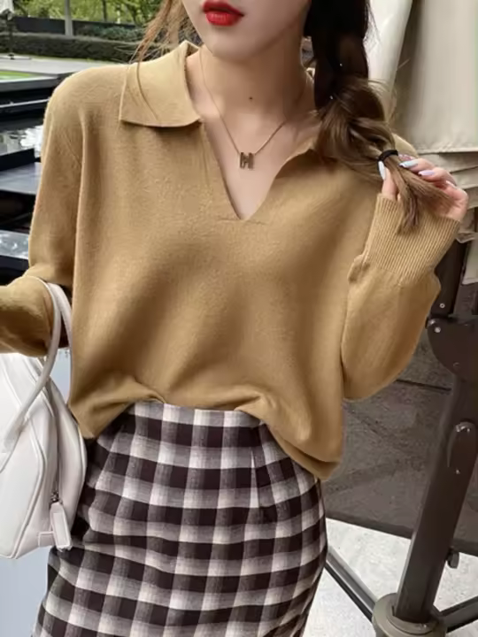 Polo de mujer ne de manga larga, top de punto fino, suéter suave, ropa de calle sencilla, - 1