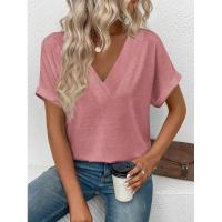 Tops de moda de color sólido con cuello en V, ropa popular coreana, camiseta holgada de manga corta de verano para mujer. - details 15