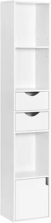Estantería para Libros de Pie, Librería Vertical con 3 Compartimentos Abiertos, 2 Cajones y 1 Armario, Libreria Blanca de Almacenaje para Oficina, Salón, Dormitorio, Cocina, 30x24x158cm - 1