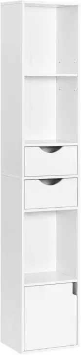 Estantería para Libros de Pie, Librería Vertical con 3 Compartimentos Abiertos, 2 Cajones y 1 Armario, Libreria Blanca de Almacenaje para Oficina, Salón, Dormitorio, Cocina, 30x24x158cm - 1