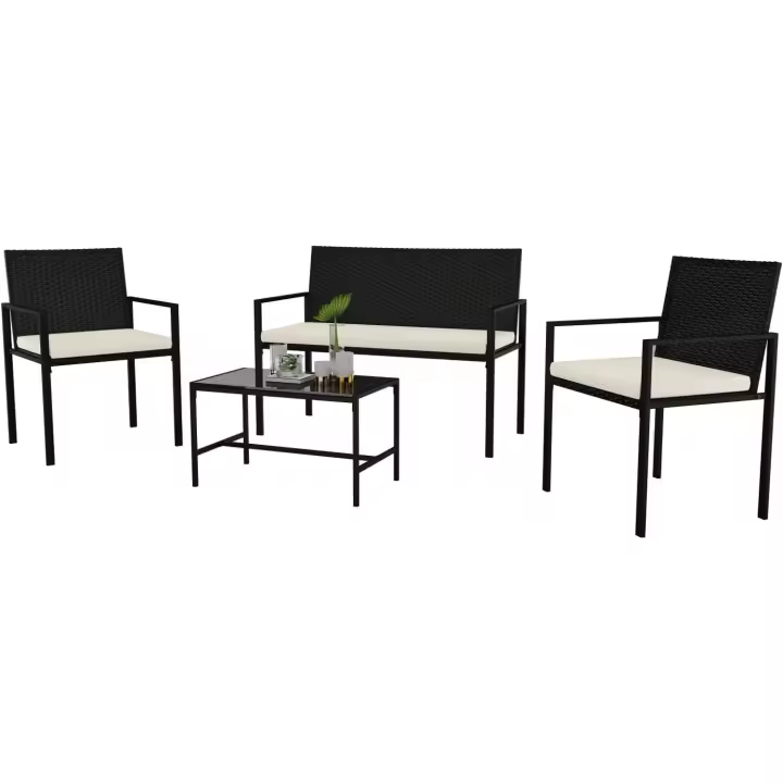 Muebles de Jardín Ratán PE, Conjunto Sillas y Mesa, Mesa Jardin Exterior, Mesa y Sillas Terraza, Incluye 2 Sillones, 1 Sofá de Doble Asiento y 1 Mesa, Negro - 1