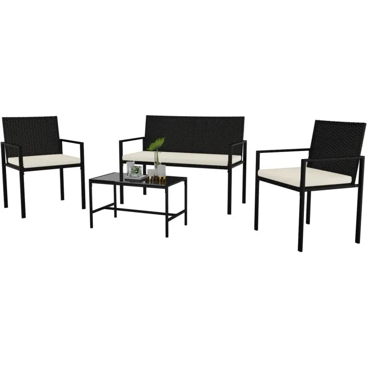 Muebles de Jardín Ratán PE, Conjunto Sillas y Mesa, Mesa Jardin Exterior, Mesa y Sillas Terraza, Incluye 2 Sillones, 1 Sofá de Doble Asiento y 1 Mesa, Negro - 1
