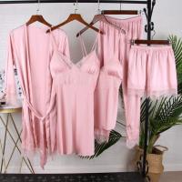Conjunto De Pijamas Para Dormir Blancos De 5uds, Pijamas De Satén Ence Para Mujer, Kimono, Albornoz, Ropa De Dormir Suelta, Ropa De Dormir Informal Con Cuello En V Para El Hogar - details 0