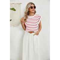BUNO-2025 Tops para mujer, pantalón corto informal de moda de verano, camisetas básicas con textura a rayas de Color sólido y cuello redondo - details 68
