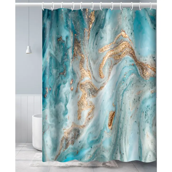 Cortina de Ducha Verde Esmeralda Arte Moderno Abstracto Impermeable, Lavable, con Ganchos - 1