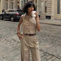 BUNO-trajes de pantalones largos de pierna ancha para oficina, chalecos elegantes de calle con pantalones de cintura alta, conjuntos de 2 piezas, trajes informales de color caqui para verano - details 8