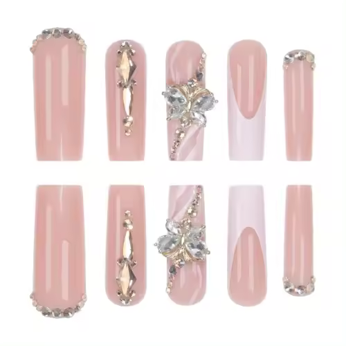 Uñas postizas 3D de verano con patrones irregulares y mariposa de diamante, uñas postizas brillantes, 24 piezas, largas tipo ataúd. - 1