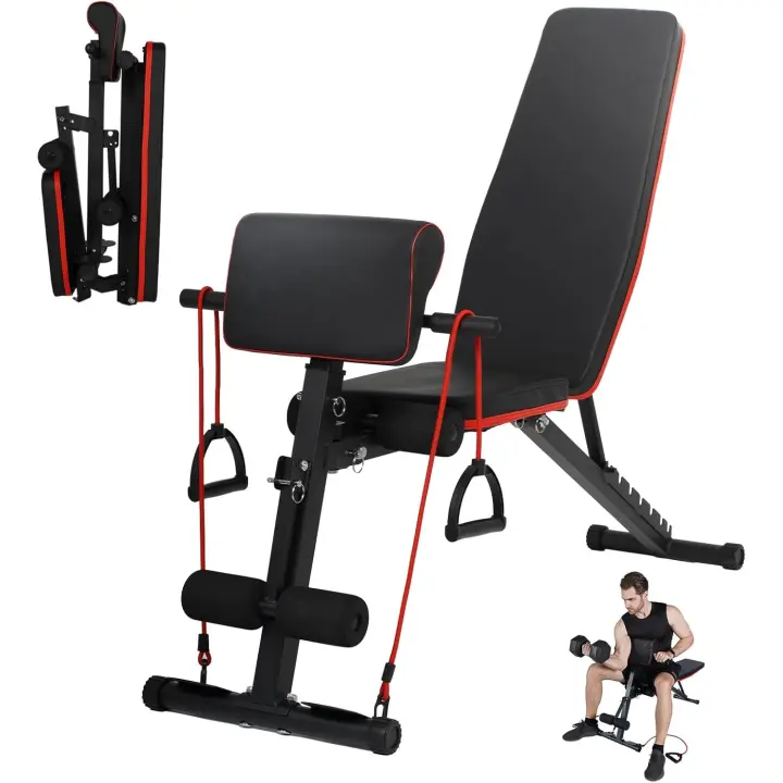 Banco de Pesas Plegable y Ajustable Carga de 300kg Banco de Musculación Multifuncional con 2 Bandas de Entrenamiento y Cojín para Bíceps Ideal para Entrenamiento en Casa - 1