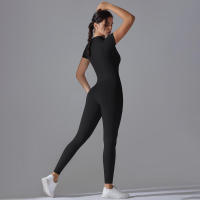 Body de yoga para mujer, ropa moldeadora deportiva de manga corta, traje de gimnasio de una pieza, nailon de color sólido - details 8