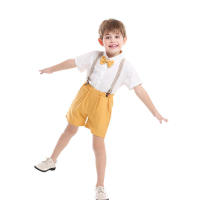 Cárdigan de algodón de manga corta para niño, pantalones cortos con tirantes de caballero, dos piezas, flor de boda, estilo coreano, color blanco puro, verano - details 8