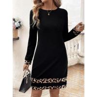Vestido de mujer con estampado de leopardo, manga larga para otoño invierno, vestido pequeño negro con corte acampanado y falda. - details 6