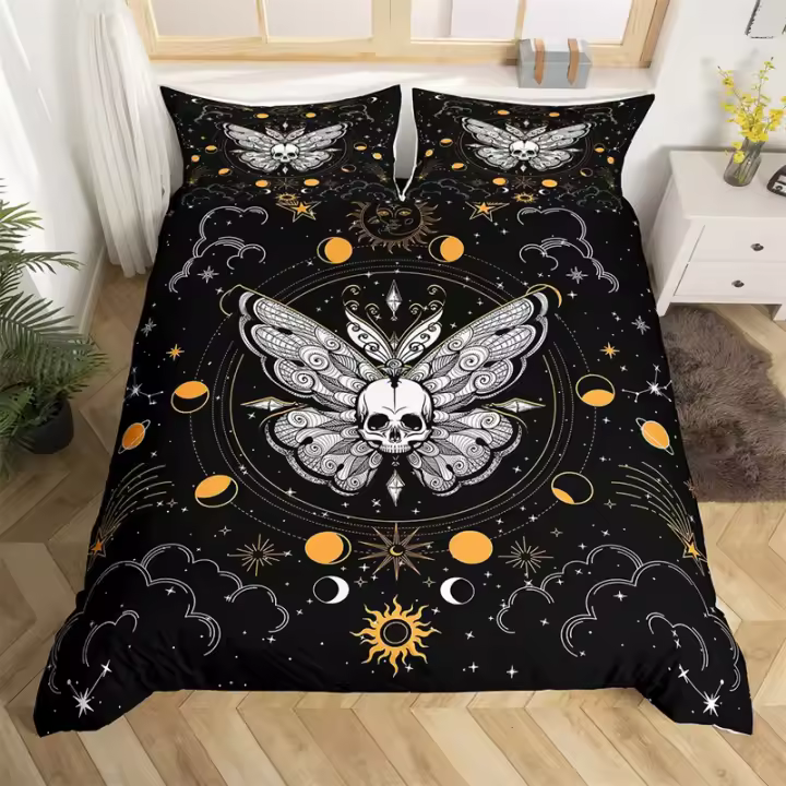 Funda nórdica de mariposa y polilla de la muerte, juego de cama de poliéster con diseño de calavera gótica, flor, estrella, cielo y Luna, funda de edredón negra exótica bohemia - 1