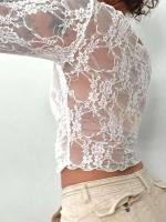 Combhasaki Y2K Vintage Off-Shoulder Crop Tops transparentes de encaje floral de manga larga transparente camiseta jerseys club streetwear - details 5