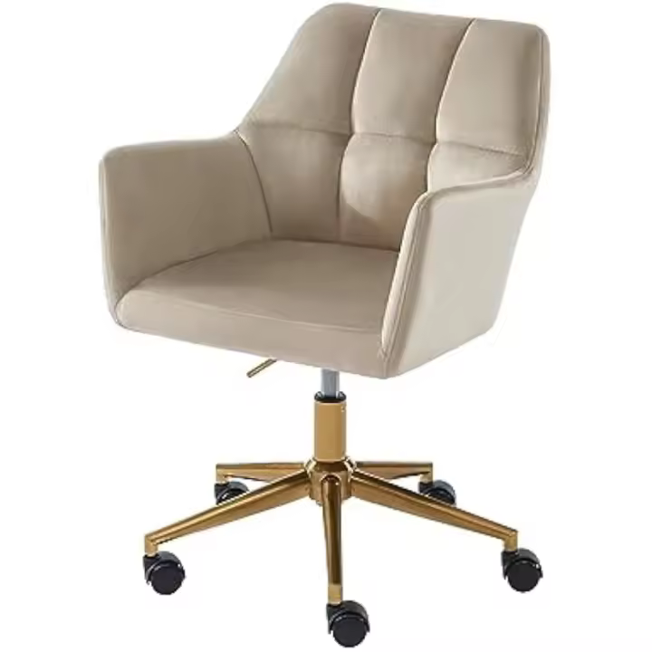 Silla de Oficina con Ruedas con Altura Ajustable de Terciopelo con Base Dorada, Beige, 57,5 x 60,5 x 78,5-86,5 cm - 1