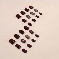 24pcs Uñas Postizas Redondas Cortas De Terciopelo Para Mujeres Y Niñas Para Uso Diario Y Fiestas Uñas Falsas Brillantes De Color Vino Sólido - details 2