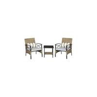 Conjunto de muebles de jardín de ratán, incluye 1 mesa y 2 sillones con cojines, estructura de metal para terraza o patio, color marrón. - details 10