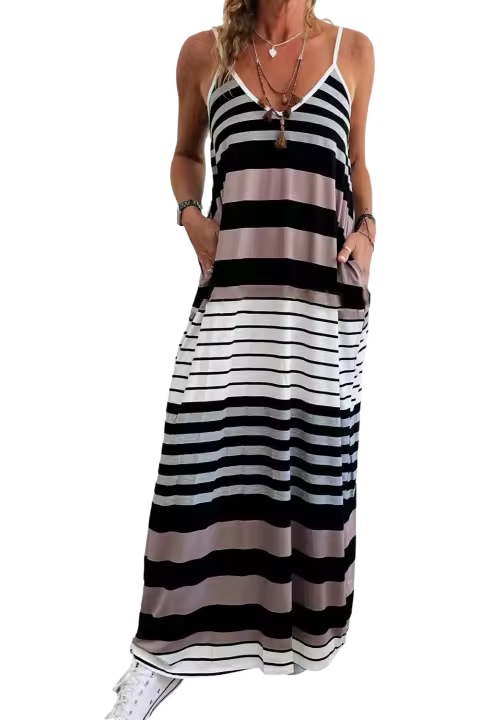 Elrachen Vestido largo de mujer con tirantes finos y cuello en V, rayas mixtas multicolores, tallas S-2XL - 1