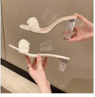 Nuevo estilo de hadas transparente tacón grueso cabeza cuadrada zapatillas frescas plisadas zapatillas de tacón alto de verano mujer - details 4